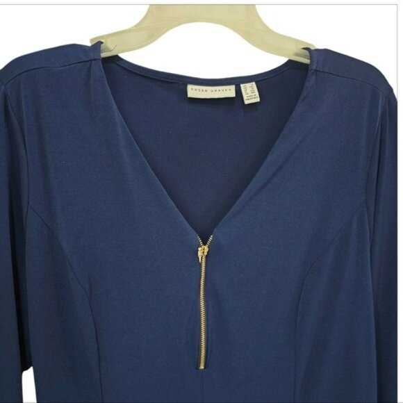 Susan Graver Women's Blouse Size 1X Navy Blue Gold Zipper Office Stretchy V Neck - Picture 2 of 14